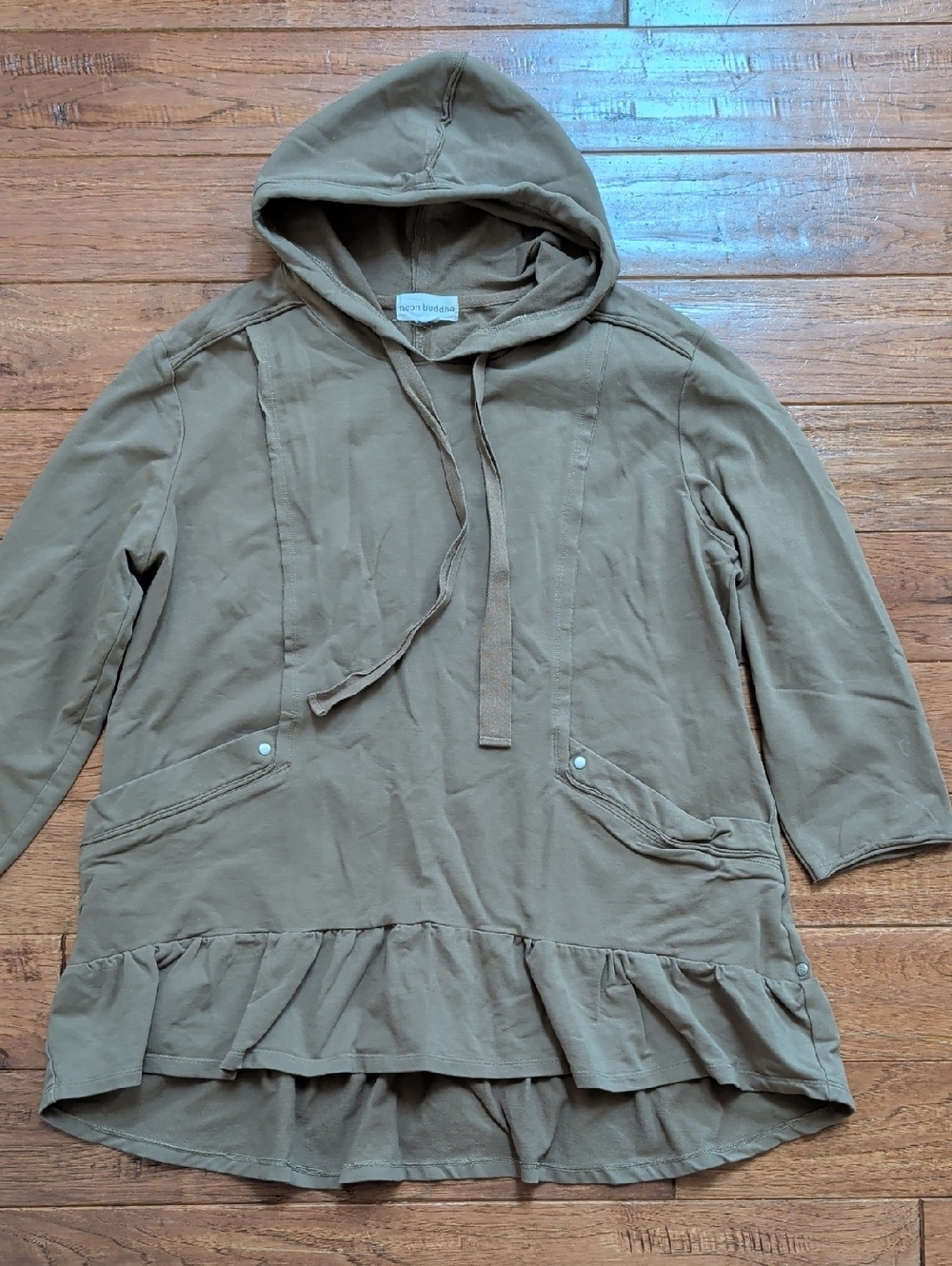 Neon Buddha Game On Top (Tiger Eye) Olive Hooded Ruffle-Hem Pullover